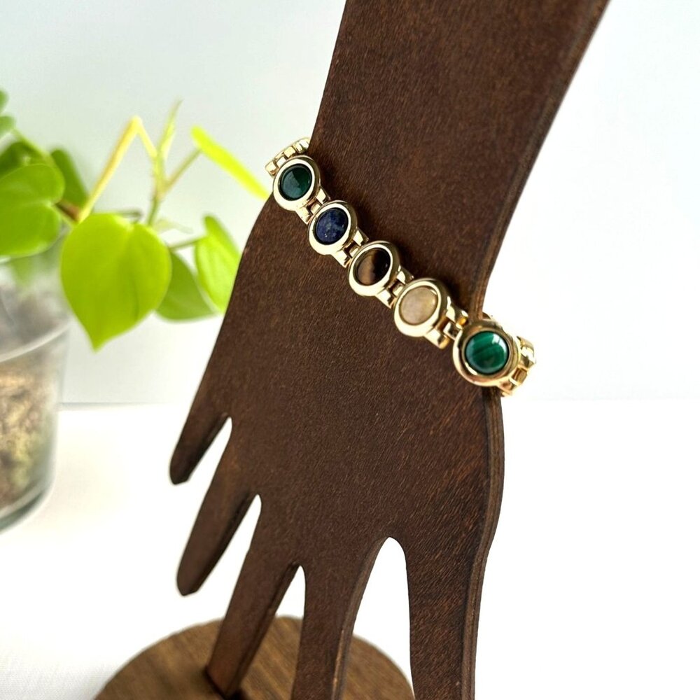 Vintage Gold Tone Link Bracelet W/ Malachite Tigers Eye Lapis Jade & Quartz Gems